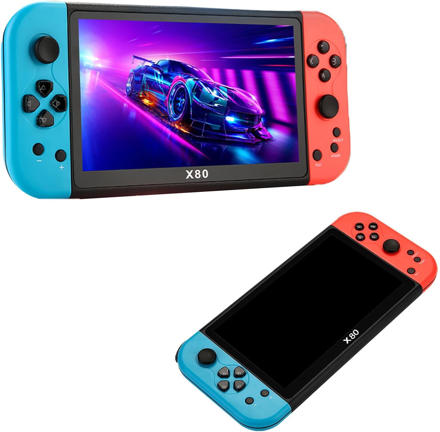 New X80 7 inch Handheld Game Console with HD Output, Built-in Games, Support for TV Playing Games, Support for User-Added Games in Relevant Formats, Children's Gifts (Blue-Red).